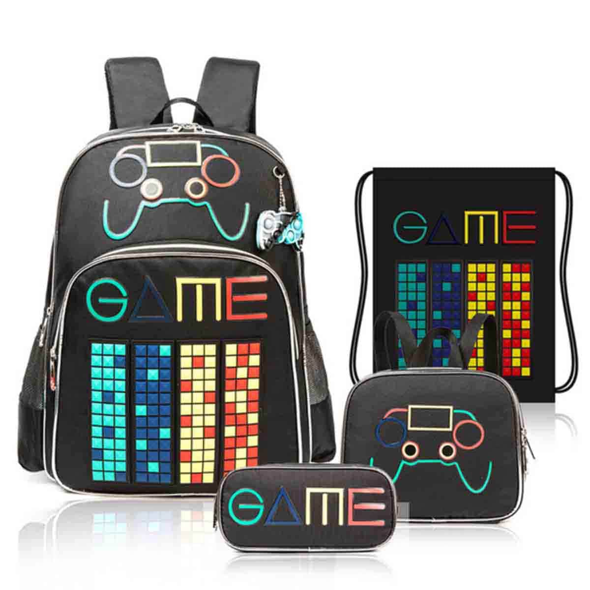 Eazy Kids 17" GenZ Gamer 4-in-1 School Bag with Lunch Bag, Activity Bag & Pencil Case Combo