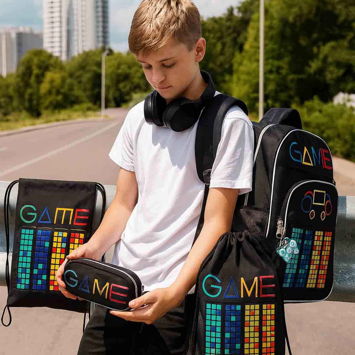 Eazy Kids 17" GenZ Gamer 4-in-1 School Bag with Lunch Bag, Activity Bag & Pencil Case Combo