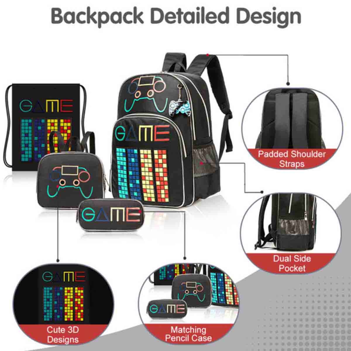 Eazy Kids 17" GenZ Gamer 4-in-1 School Bag with Lunch Bag, Activity Bag & Pencil Case Combo