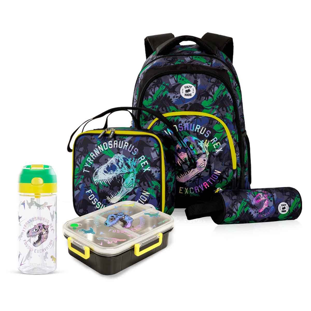 Eazy Kids 17" T-Rex 5-in-1 Backpack with Water Bottle, Lunch Box, Lunch Bag & Pencil Case