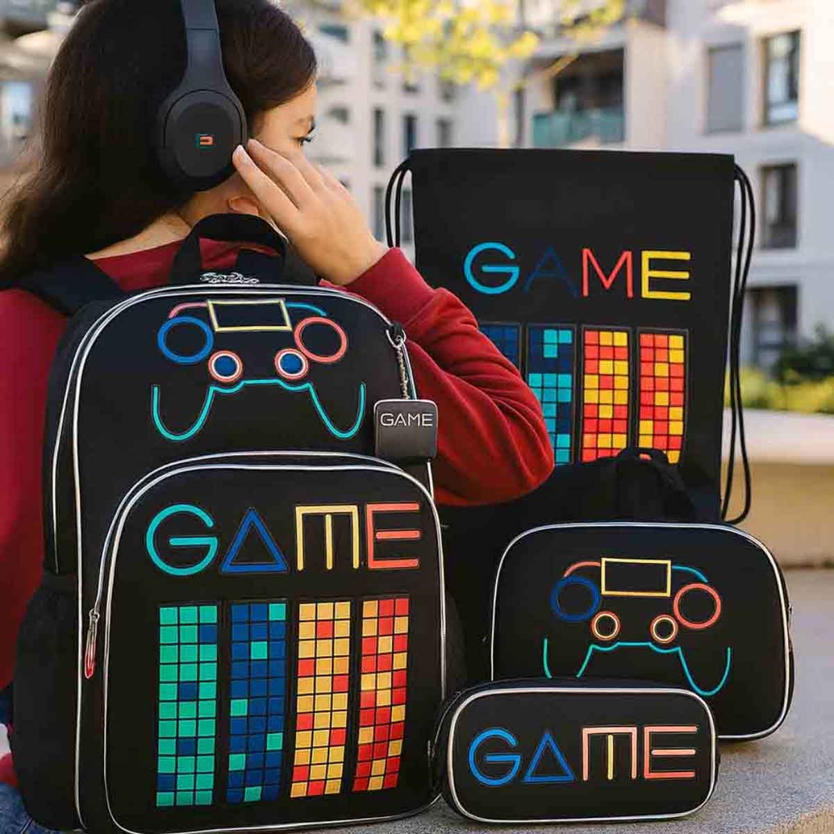 إيزي كيدز مجموعة 5 في 1 حقيبة مدرسية 17 إنش جين زد جيمر مع سماعة بلوتوث وحقيبة غداء وحقيبة نشاط وحقيبة أقلام