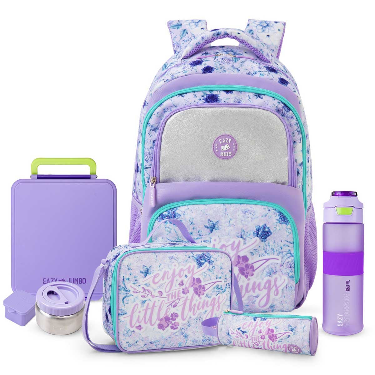 Eazy Kids 18” Backpack + Lunch Bag + Pencil Case + Jumbo Bento Box with Tritan Water Bottle Set
