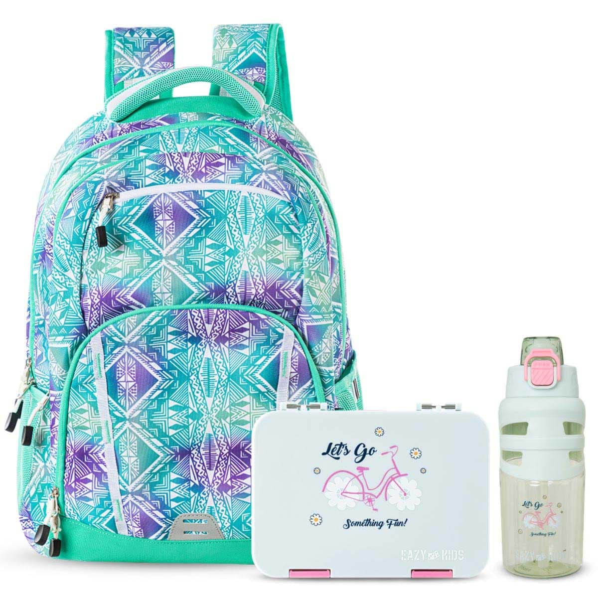 Eazy Kids 18" Geometrical Green School Bag & Bento Lunch Box with Water Bottle
