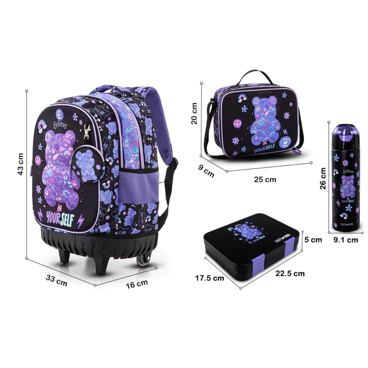 Eazy Kids 18” Teddy Trolley Backpack + Water Bottle + Bento Lunch Box & Lunch Bag Set