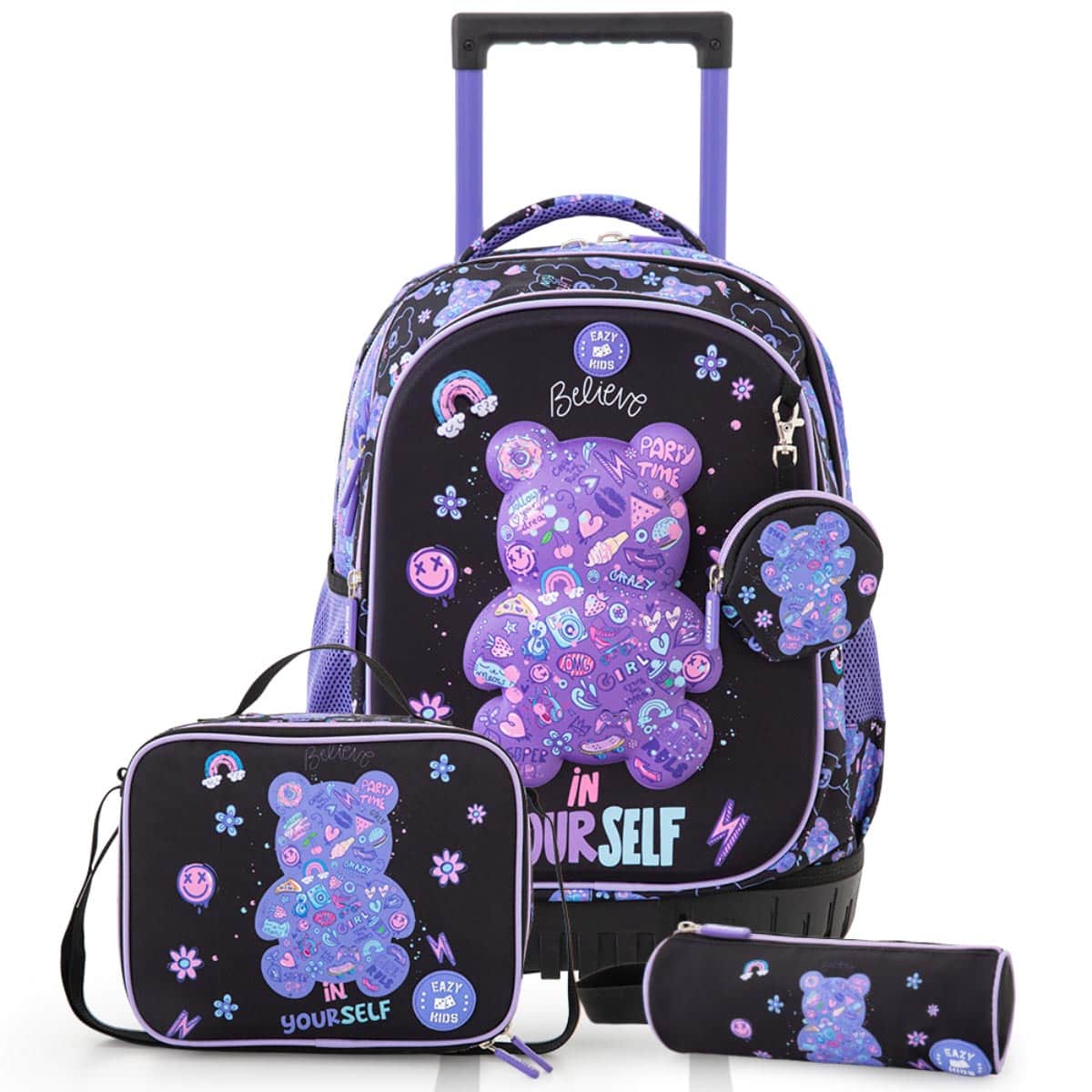 Eazy Kids 18” Teddy Trolley Backpack + Water Bottle + Bento Lunch Box & Lunch Bag Set