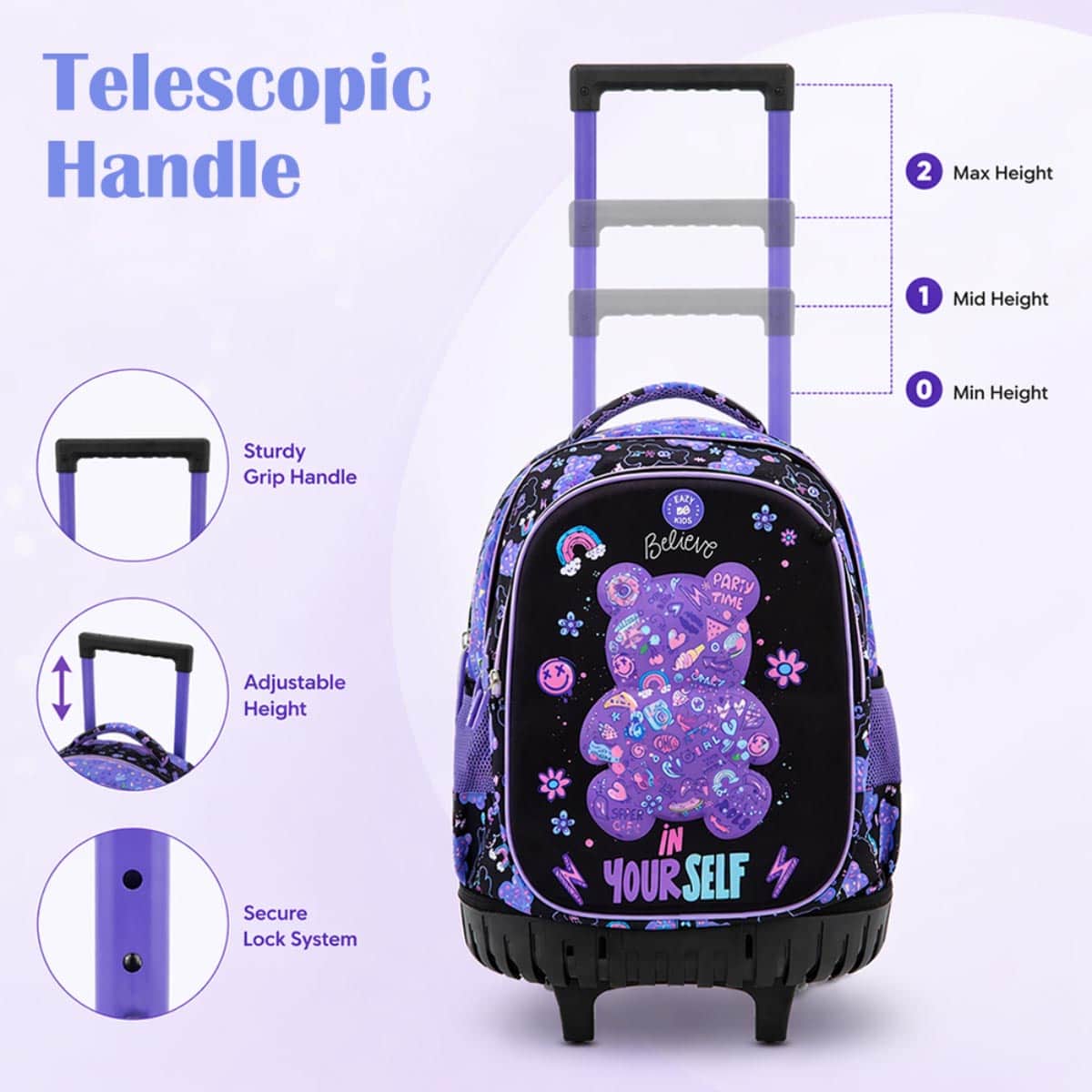 Eazy Kids 18” Teddy Trolley Backpack + Water Bottle + Bento Lunch Box & Lunch Bag Set