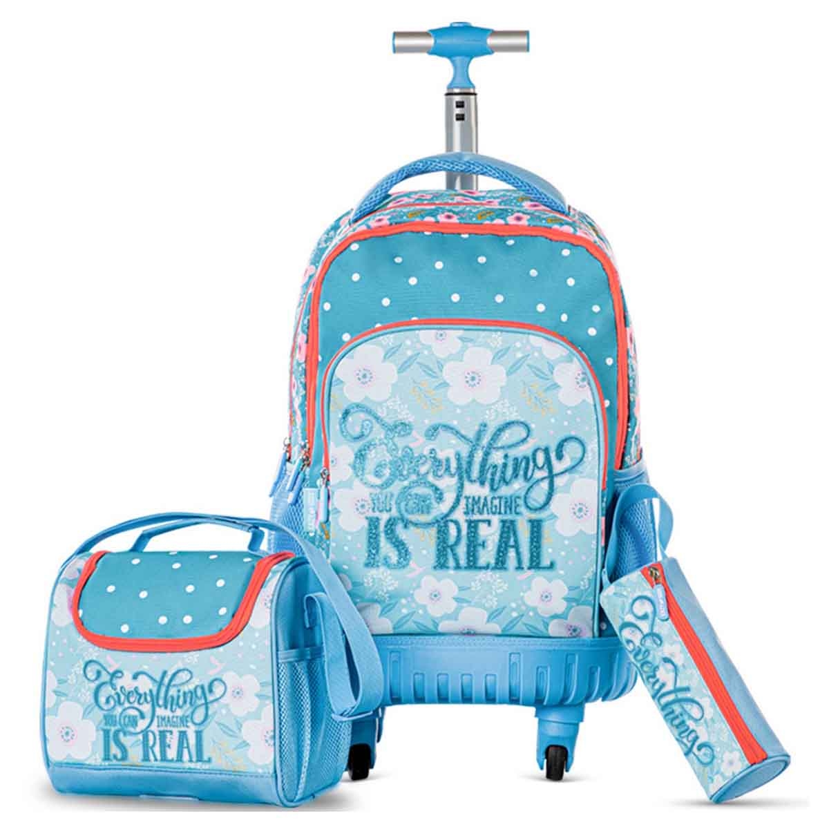 إيزي كيدز طقم مدرسي فلورا إديشن 4 عجلات مقاس 18 إنش مع حقيبة غداء ومقلمة