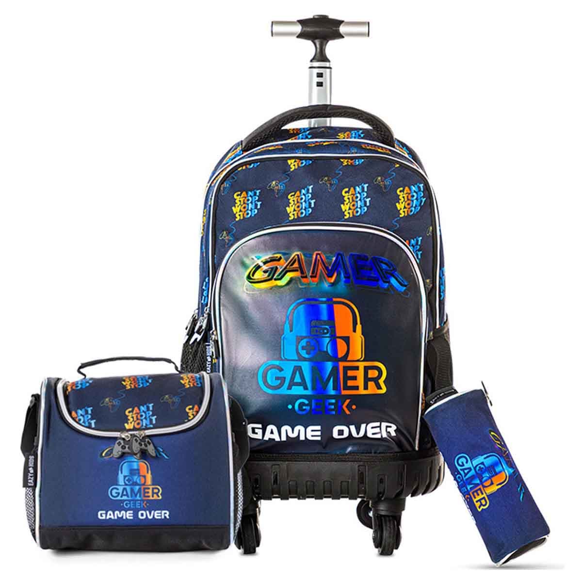 Eazy Kids 18" Gamer Edition 4-Wheel Trolley School Set with Lunch Bag & Pencil Case