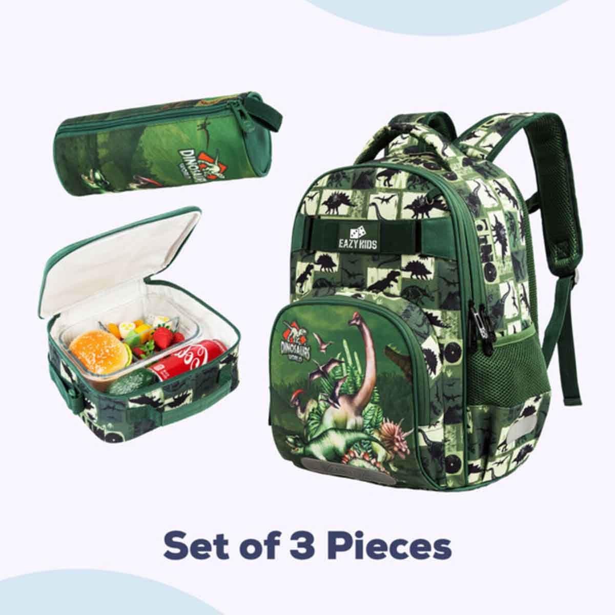 إيزي كيدز مجموعة 3 في 1 حقيبة مدرسية 18 إنش بتصميم ديناصور مع حقيبة غداء وحقيبة أقلام
