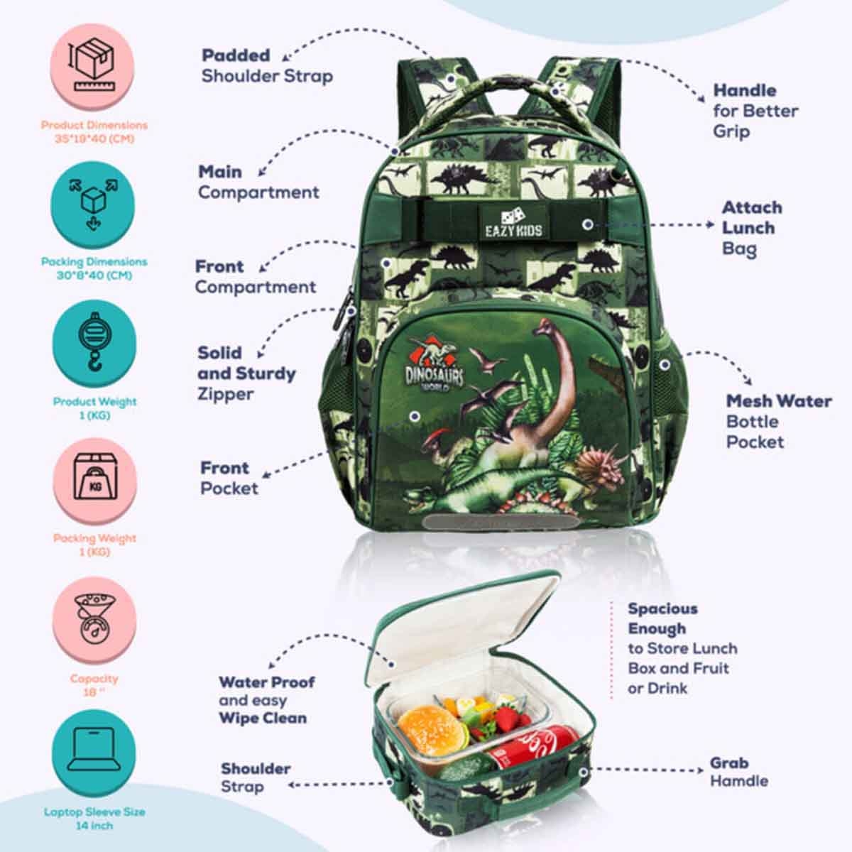إيزي كيدز مجموعة 3 في 1 حقيبة مدرسية 18 إنش بتصميم ديناصور مع حقيبة غداء وحقيبة أقلام