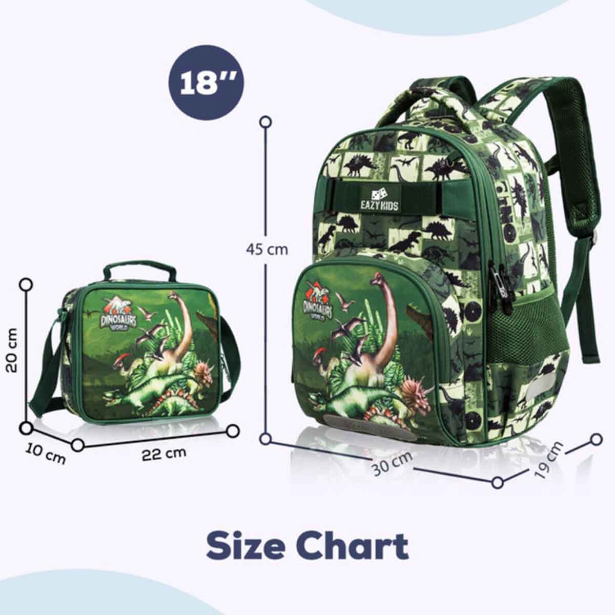 إيزي كيدز مجموعة 3 في 1 حقيبة مدرسية 18 إنش بتصميم ديناصور مع حقيبة غداء وحقيبة أقلام