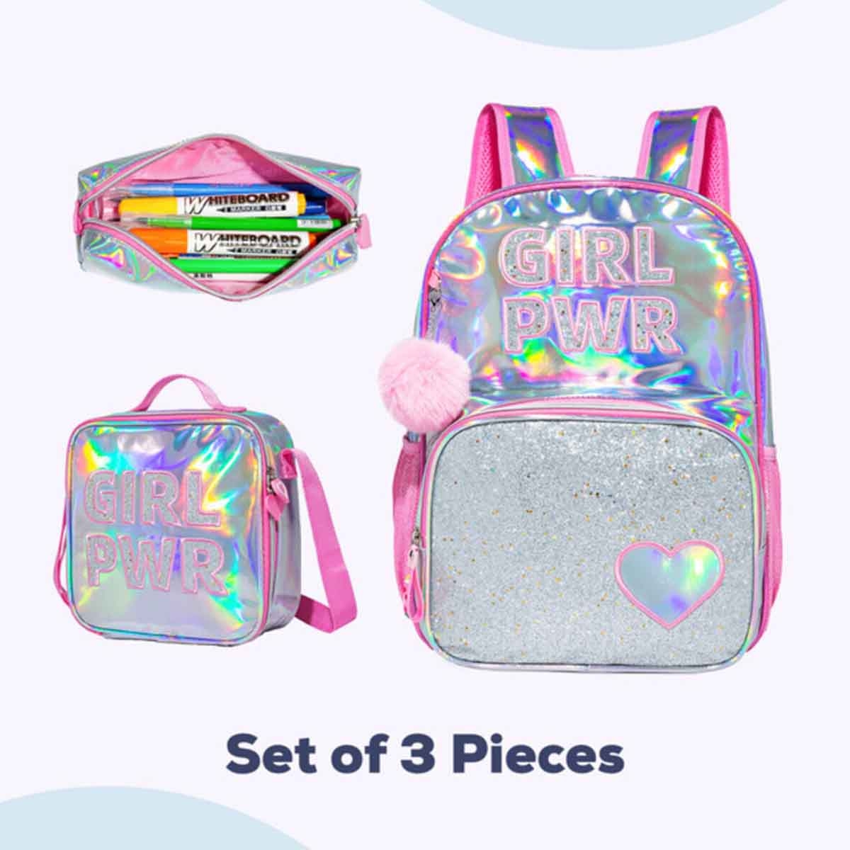 Eazy Kids 18" 3-in-1 Girl Power School Bag, Lunch Bag & Pencil Case Combo