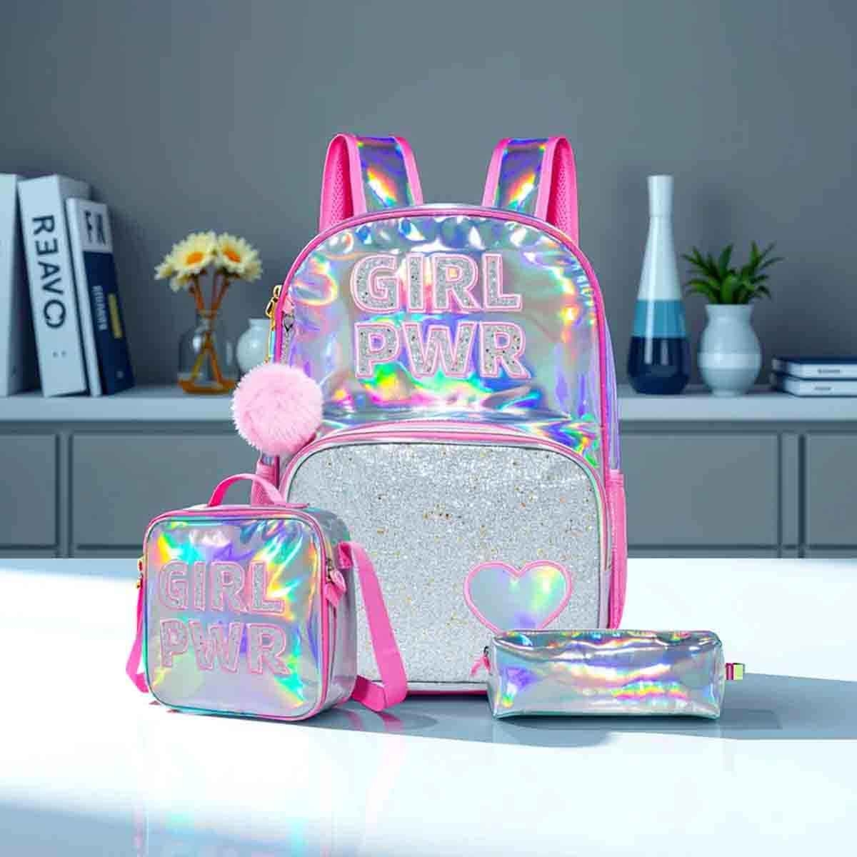 Eazy Kids 18" 3-in-1 Girl Power School Bag, Lunch Bag & Pencil Case Combo