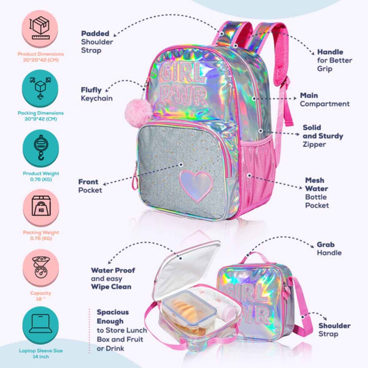 Eazy Kids 18" 3-in-1 Girl Power School Bag, Lunch Bag & Pencil Case Combo