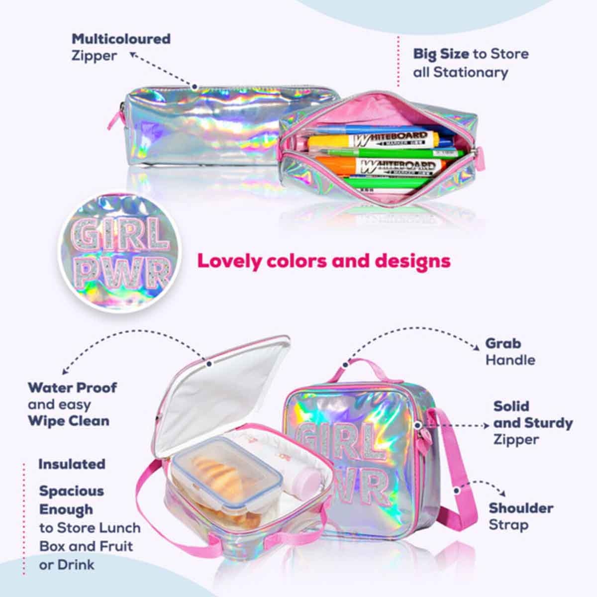 Eazy Kids 18" 3-in-1 Girl Power School Bag, Lunch Bag & Pencil Case Combo