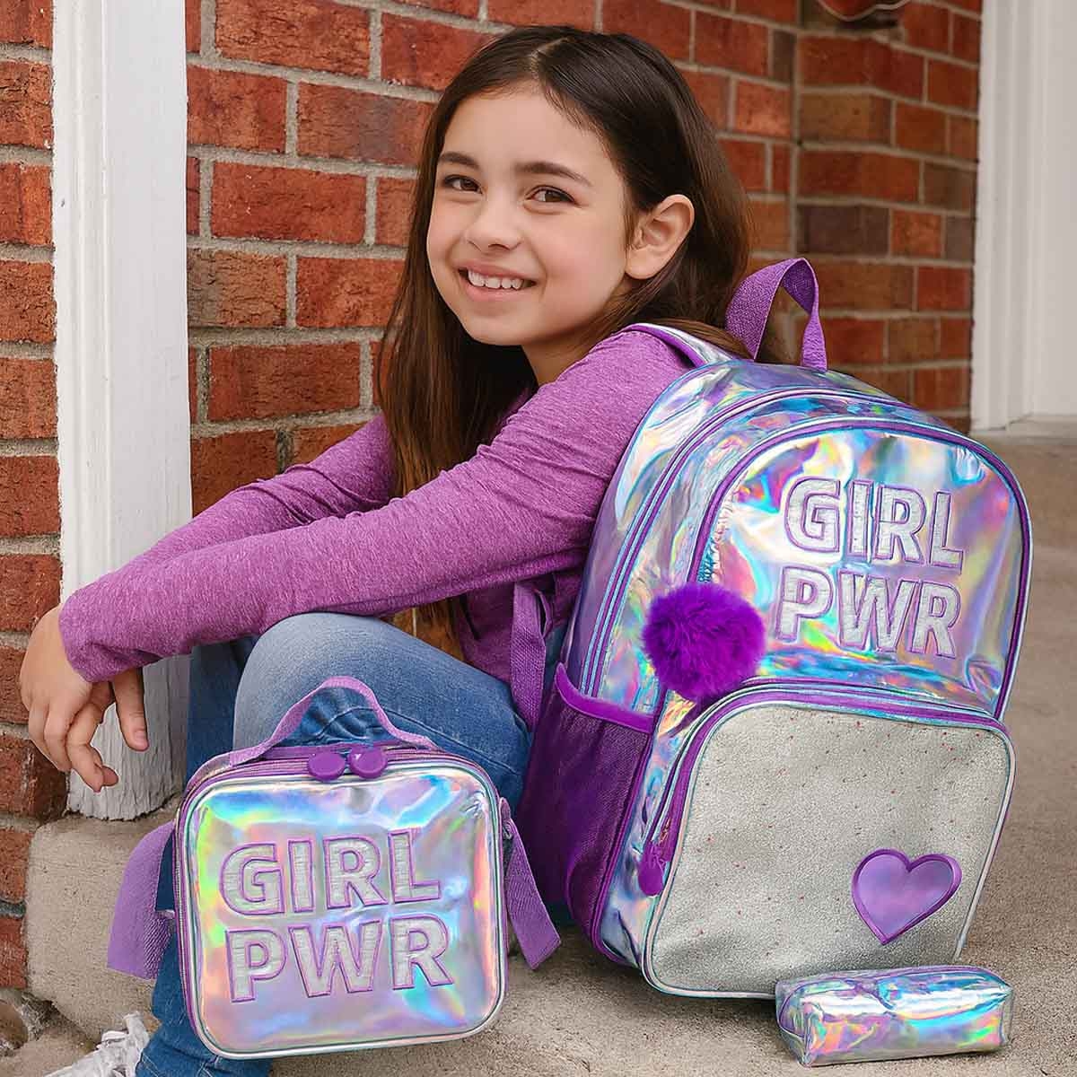 Eazy Kids 18" Girl Power 3-in-1 School Bag, Lunch Bag & Pencil Case Combo