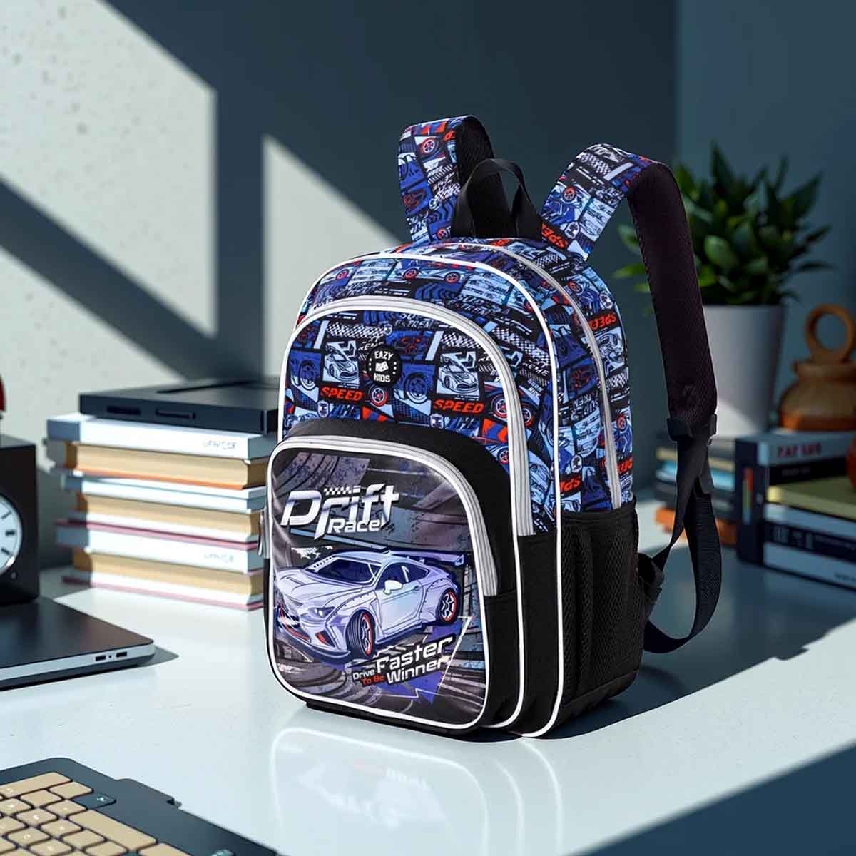 إيزي كيدز حقيبة ظهر 3 في 1 مقاس 18 بوصة بتصميم سباق السيارات مع حقيبة غداء ومقلمة