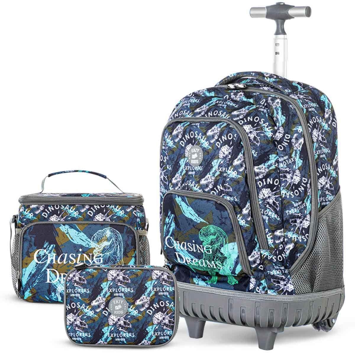 Eazy Kids 18" T-Rex 3-in-1 Trolley Backpack with Lunch Bag & Pencil Case