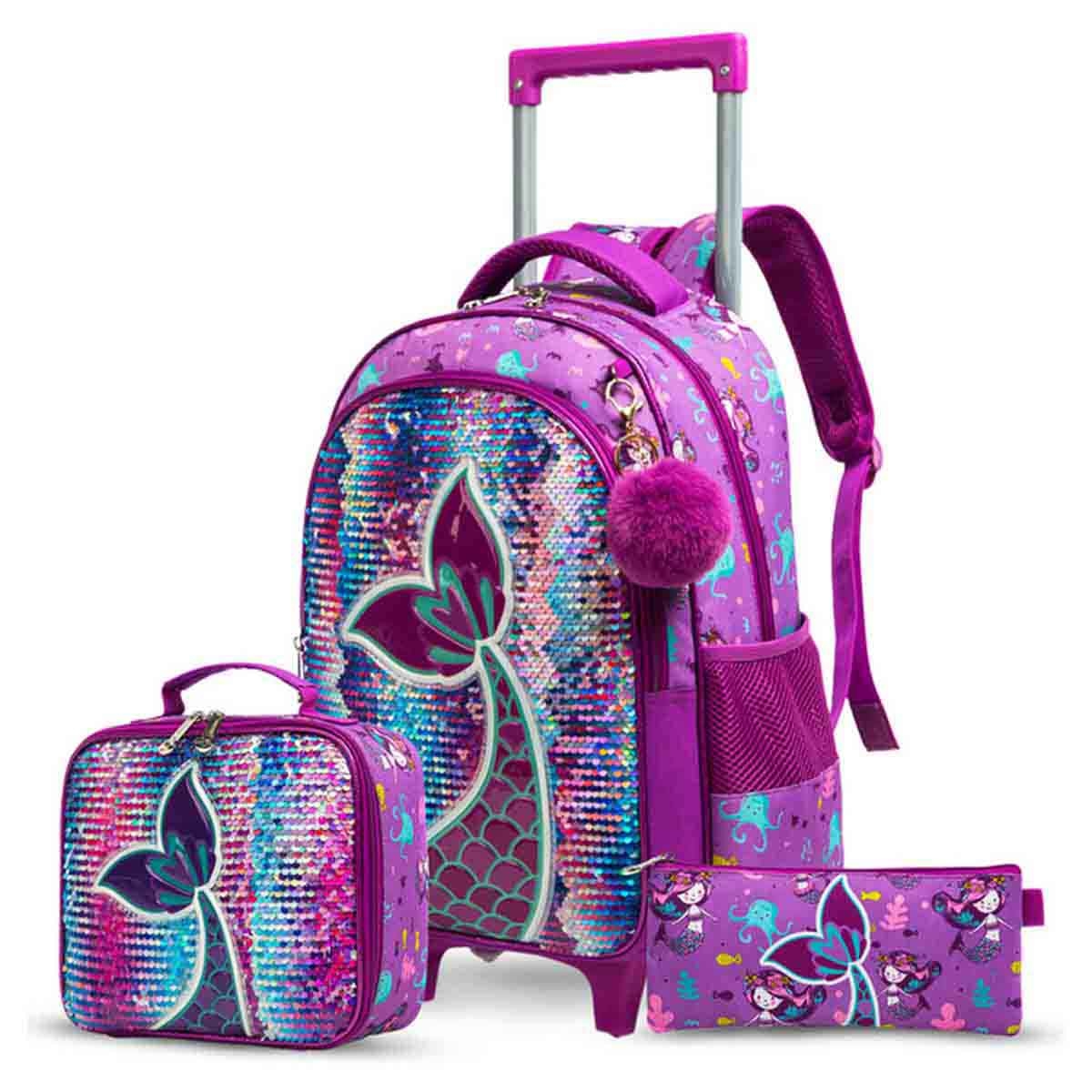Eazy Kids 18" Mermaid 3-in-1 Trolley School Bag, Lunch Bag & Pencil Case Combo