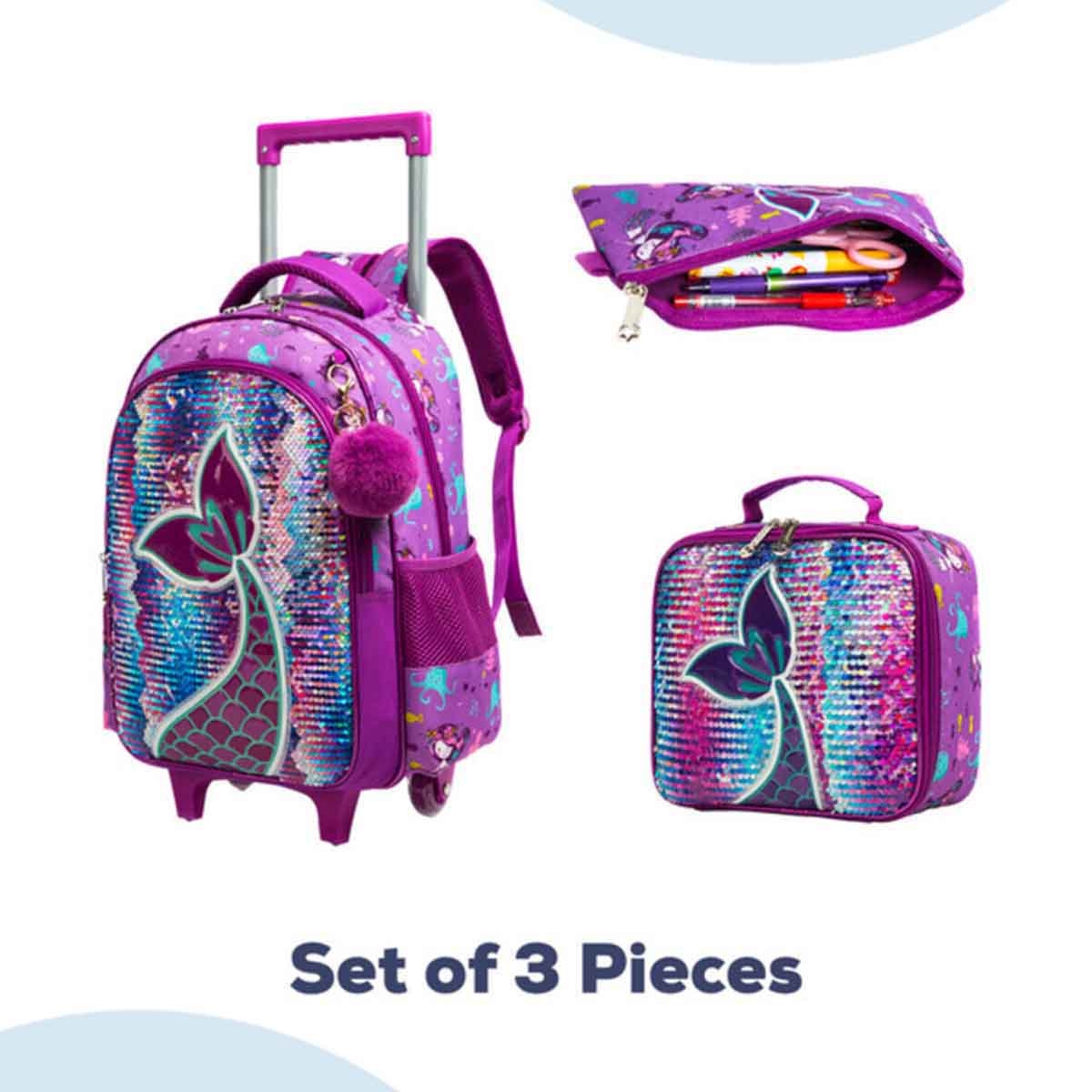 Eazy Kids 18" Mermaid 3-in-1 Trolley School Bag, Lunch Bag & Pencil Case Combo