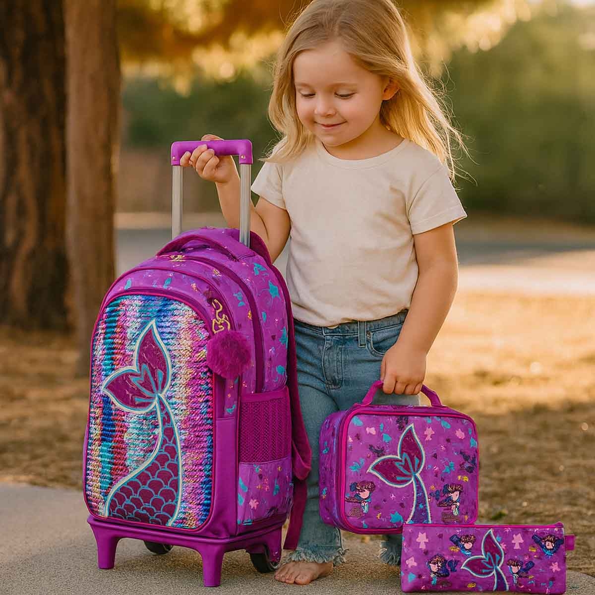 Eazy Kids 18" Mermaid 3-in-1 Trolley School Bag, Lunch Bag & Pencil Case Combo
