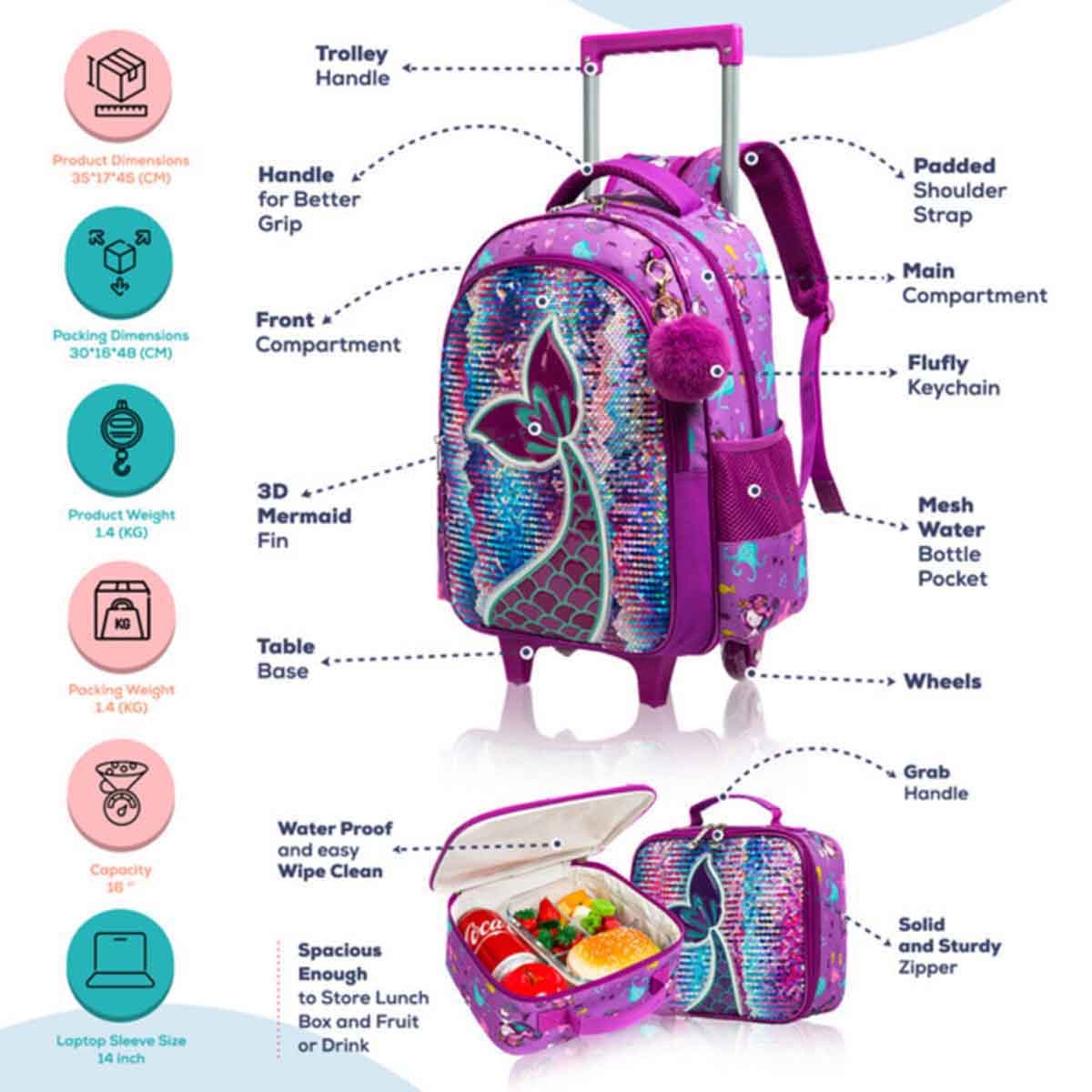 Eazy Kids 18" Mermaid 3-in-1 Trolley School Bag, Lunch Bag & Pencil Case Combo