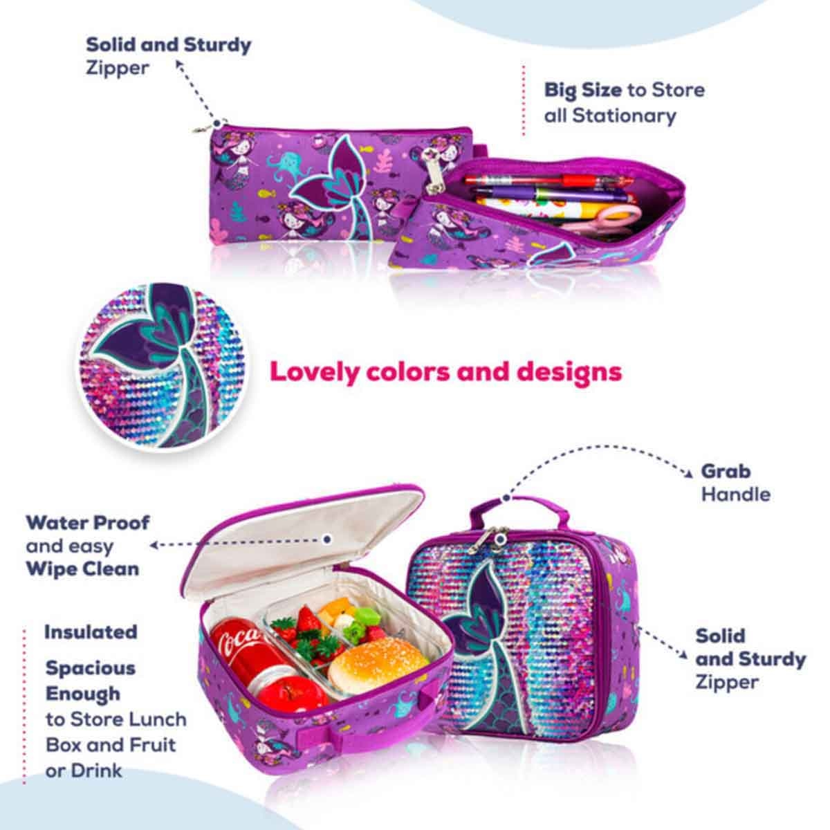 Eazy Kids 18" Mermaid 3-in-1 Trolley School Bag, Lunch Bag & Pencil Case Combo