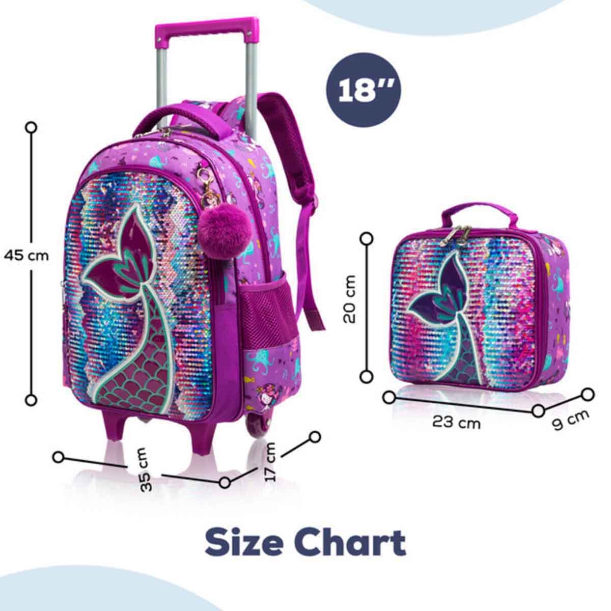 Eazy Kids 18" Mermaid 3-in-1 Trolley School Bag, Lunch Bag & Pencil Case Combo