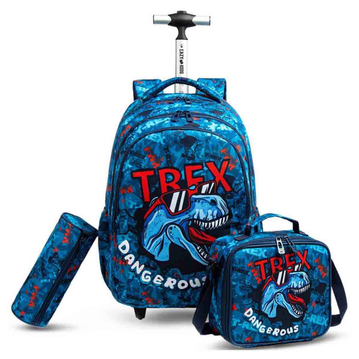 Eazy Kids 18" T-Rex Dinosaur 3-in-1 Trolley School Bag, Lunch Bag & Pencil Case Combo