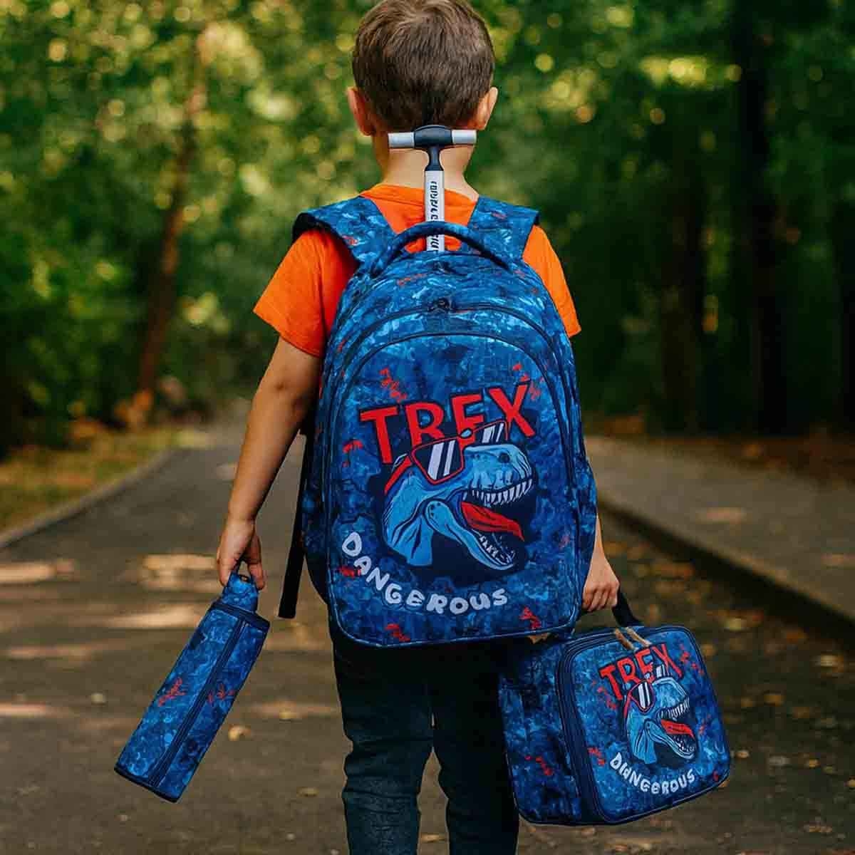 إيزي كيدز مجموعة 3 في 1 حقيبة مدرسية 18 إنش بعجلات بتصميم ديناصور تي ريكس مع حقيبة غداء وحقيبة أقلام