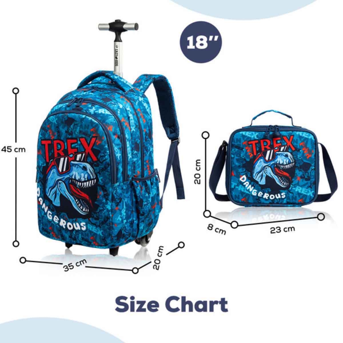 إيزي كيدز مجموعة 3 في 1 حقيبة مدرسية 18 إنش بعجلات بتصميم ديناصور تي ريكس مع حقيبة غداء وحقيبة أقلام