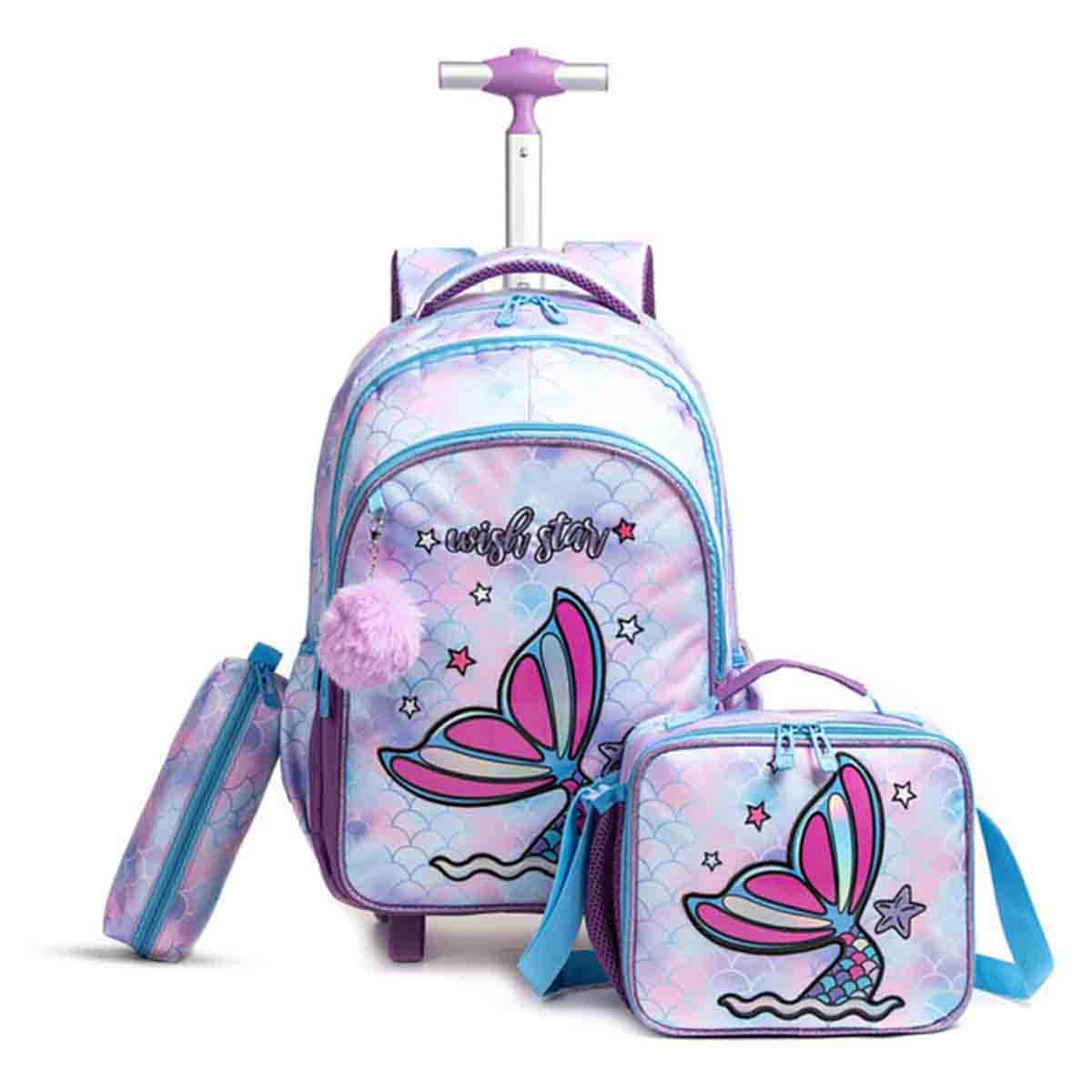 Eazy Kids 18" Mermaid 3-in-1 Trolley School Bag with Lunch Bag & Pencil Case Combo