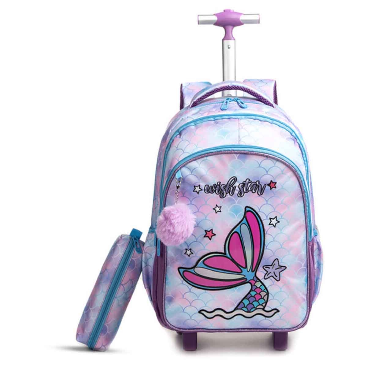 Eazy Kids 18" Mermaid 3-in-1 Trolley School Bag with Lunch Bag & Pencil Case Combo