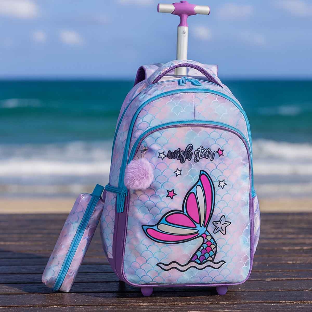Eazy Kids 18" Mermaid 3-in-1 Trolley School Bag with Lunch Bag & Pencil Case Combo