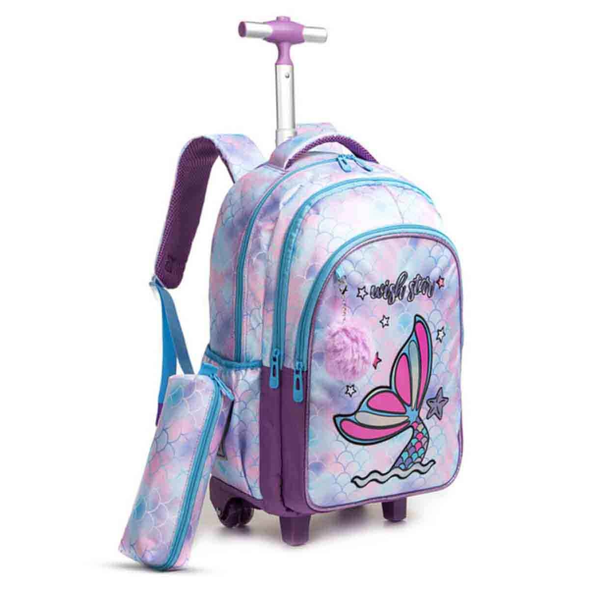 Eazy Kids 18" Mermaid 3-in-1 Trolley School Bag with Lunch Bag & Pencil Case Combo
