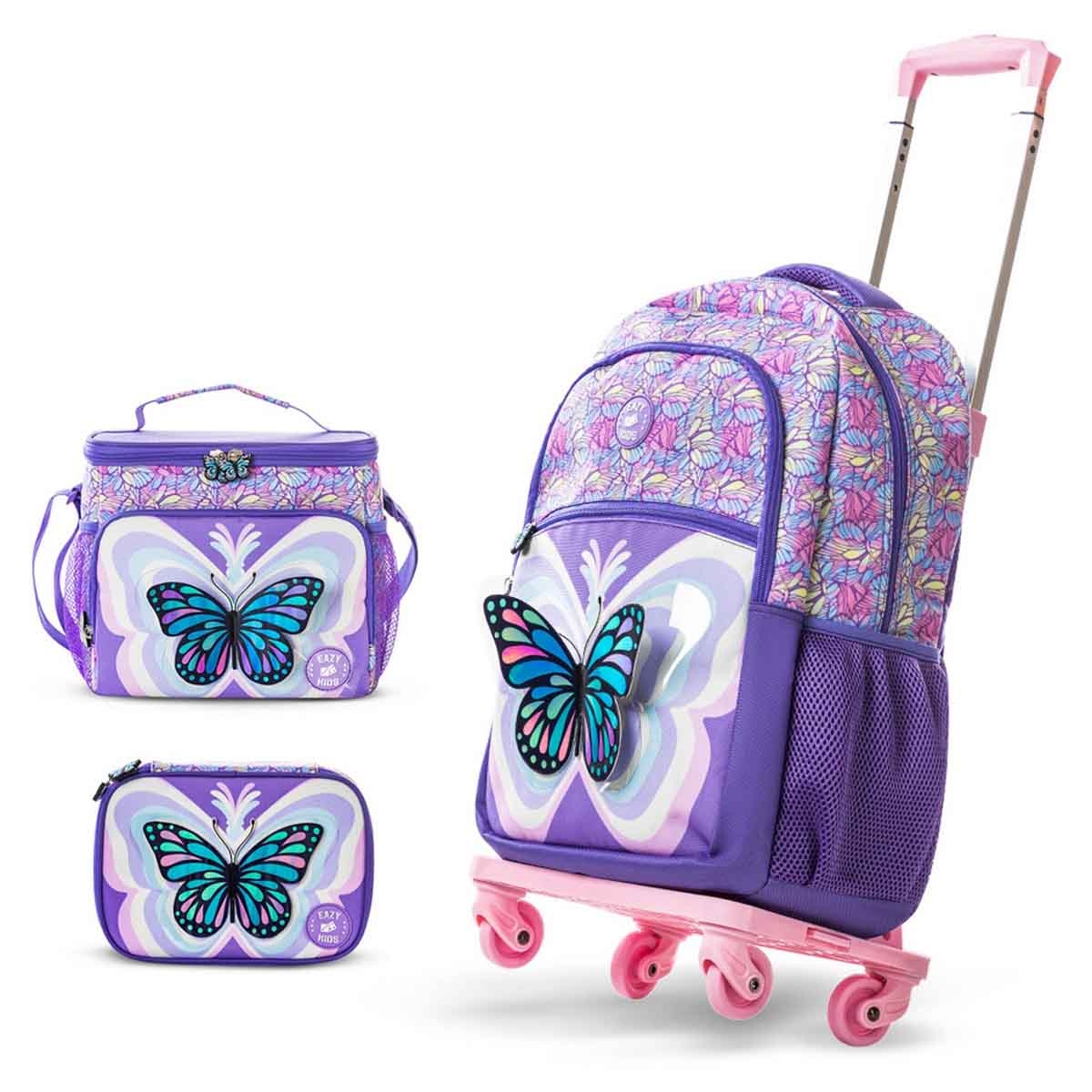 Eazy Kids 18" 3D Butterfly 4-in-1 Backpack with 4 Wheel Trolley, Lunch Bag & Pencil Case