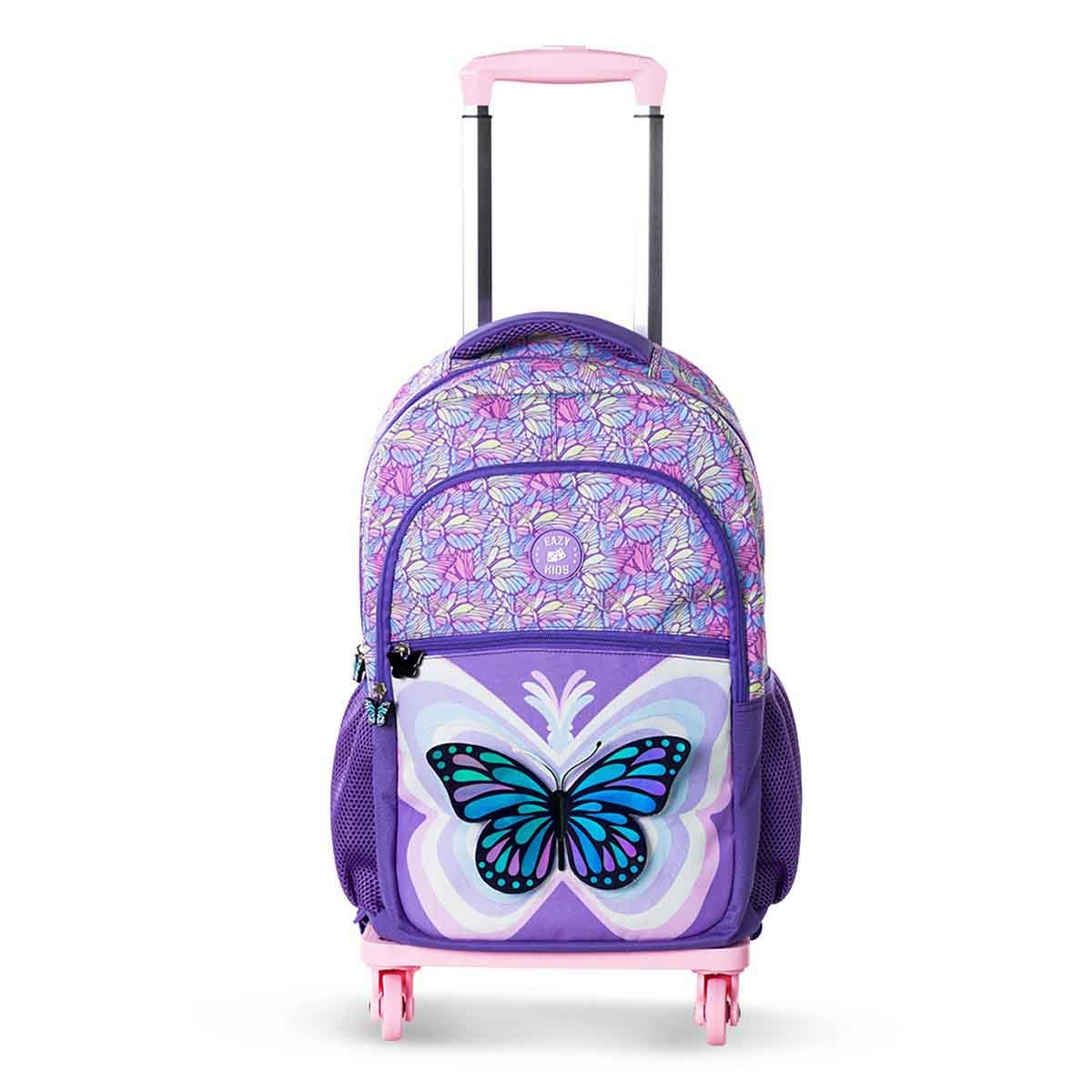 Eazy Kids 18" 3D Butterfly 4-in-1 Backpack with 4 Wheel Trolley, Lunch Bag & Pencil Case