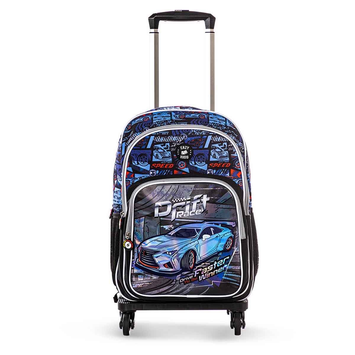 إيزي كيدز حقيبة ظهر 4 في 1 مقاس 18 بوصة بتصميم سباق السيارات مع عربة 4 عجلات وحقيبة غداء ومقلمة