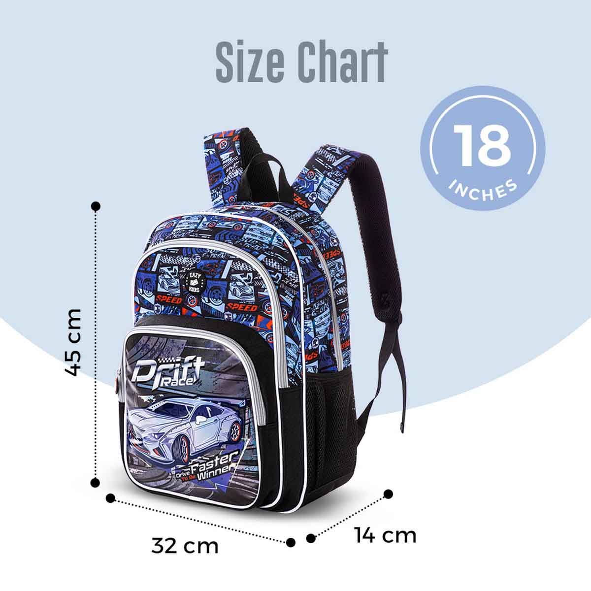 إيزي كيدز حقيبة ظهر 4 في 1 مقاس 18 بوصة بتصميم سباق السيارات مع عربة 4 عجلات وحقيبة غداء ومقلمة