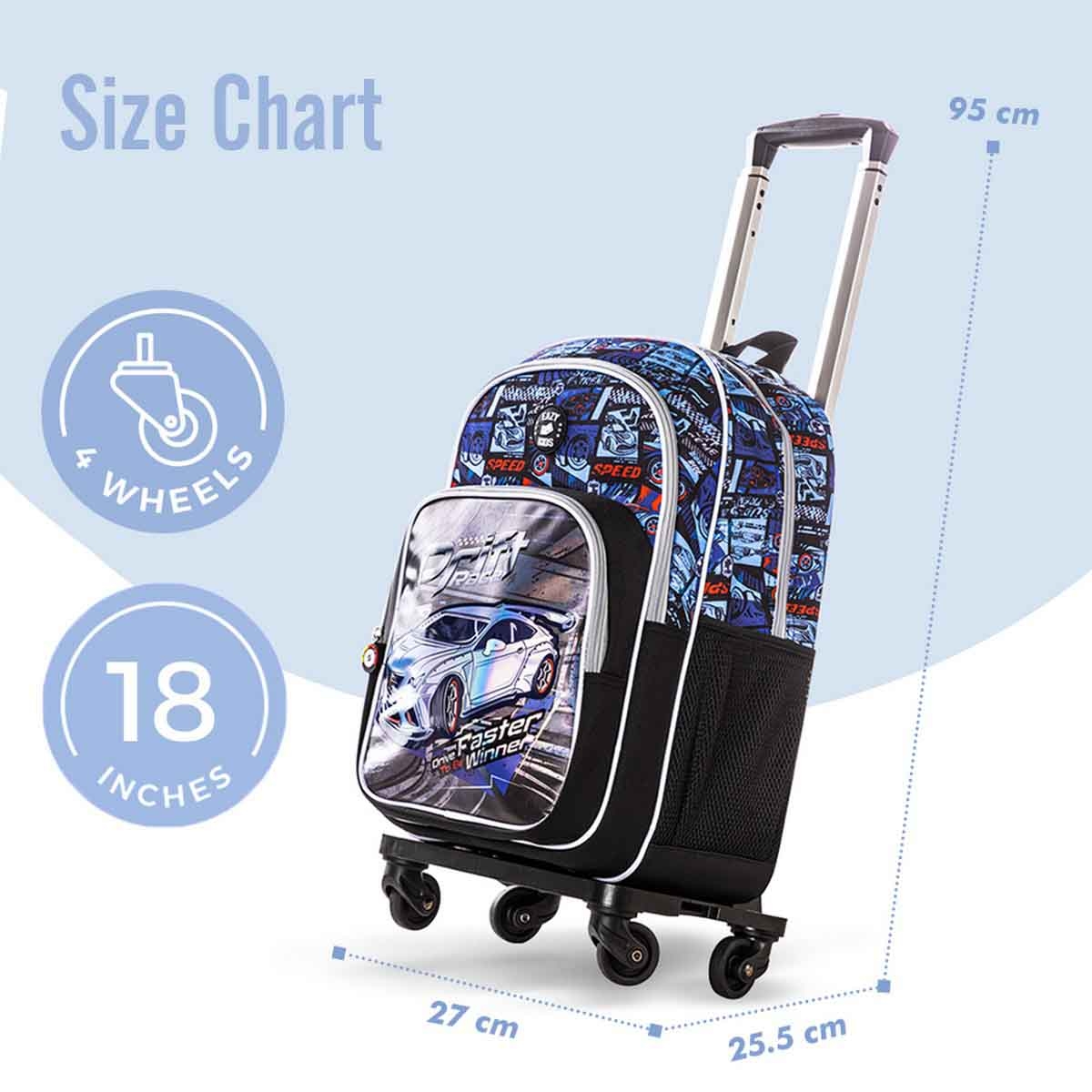 إيزي كيدز حقيبة ظهر 4 في 1 مقاس 18 بوصة بتصميم سباق السيارات مع عربة 4 عجلات وحقيبة غداء ومقلمة