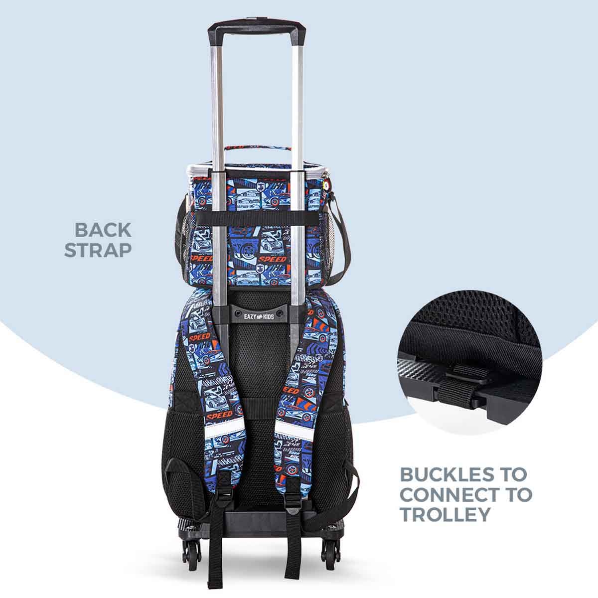 إيزي كيدز حقيبة ظهر 4 في 1 مقاس 18 بوصة بتصميم سباق السيارات مع عربة 4 عجلات وحقيبة غداء ومقلمة