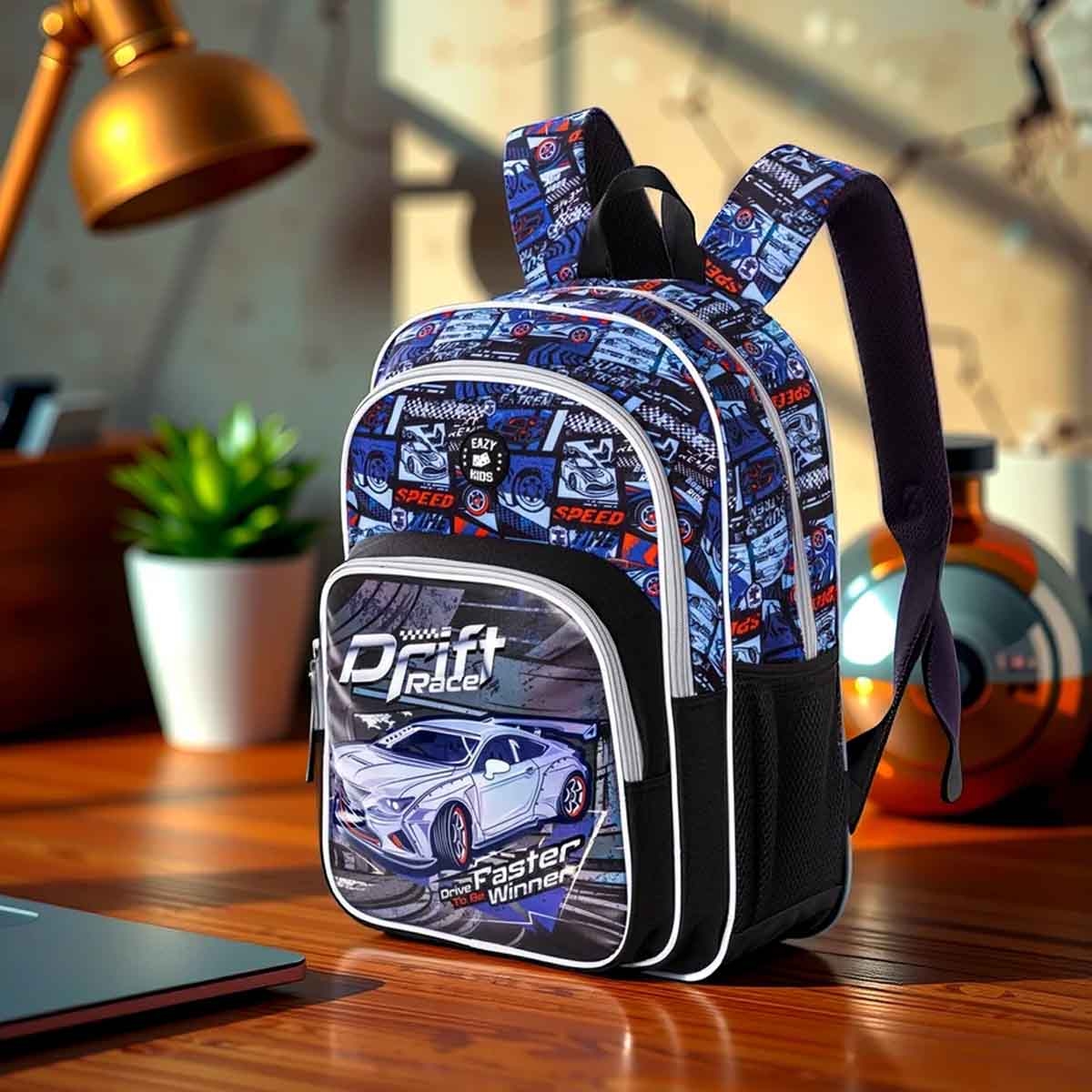 إيزي كيدز حقيبة ظهر 4 في 1 مقاس 18 بوصة بتصميم سباق السيارات مع عربة 4 عجلات وحقيبة غداء ومقلمة