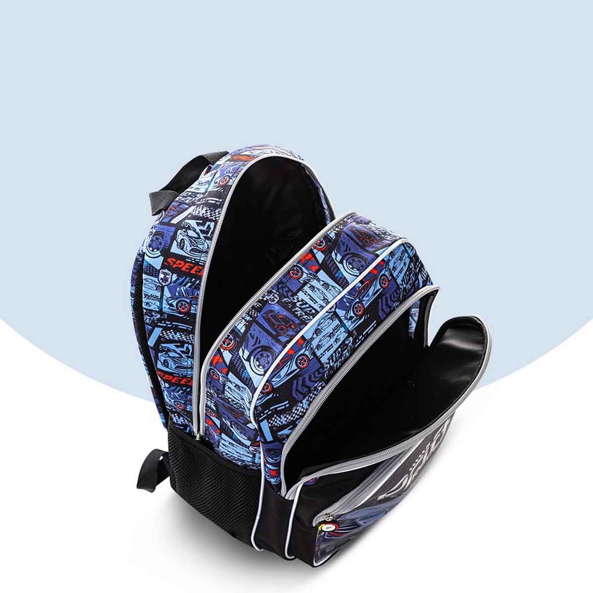 إيزي كيدز حقيبة ظهر 4 في 1 مقاس 18 بوصة بتصميم سباق السيارات مع عربة 4 عجلات وحقيبة غداء ومقلمة