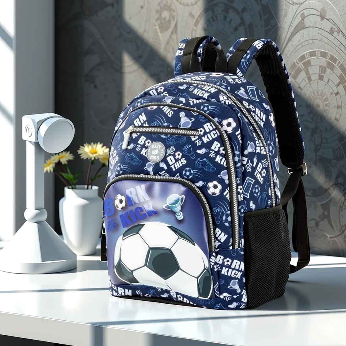 إيزي كيدز حقيبة ظهر 4 في 1 مقاس 18 إنش بتصميم كرة القدم مع عربة 4 عجلات وحقيبة غداء ومقلمة