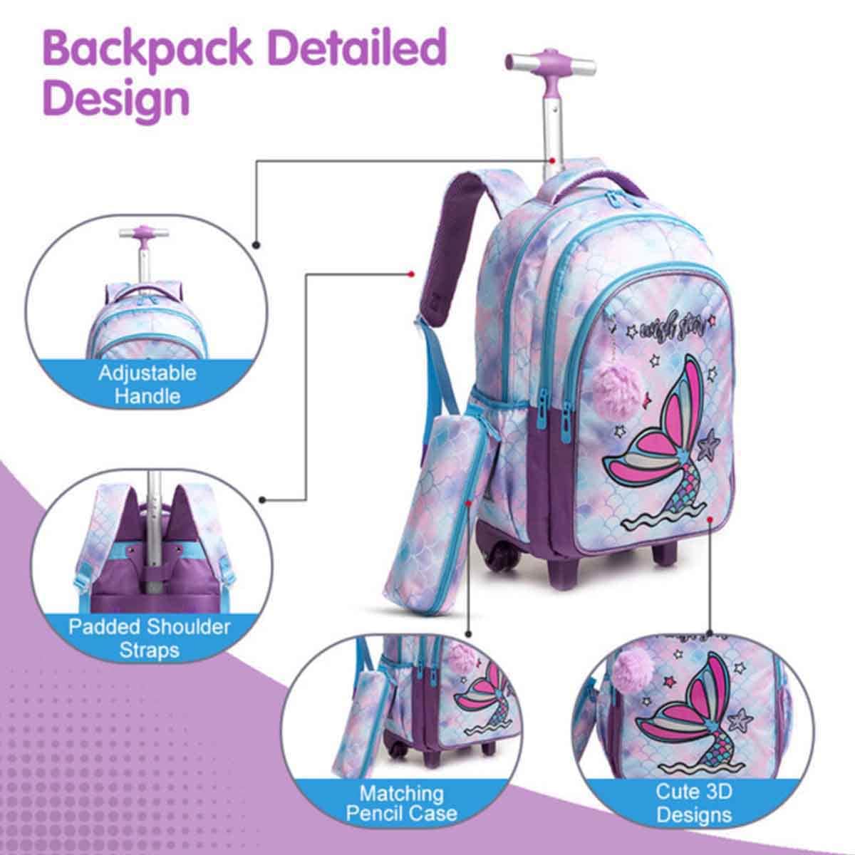 Eazy Kids 18" Mermaid 4-in-1 Trolley School Bag with Tritan 420ml Water Bottle, Lunch Bag & Pencil Case Combo