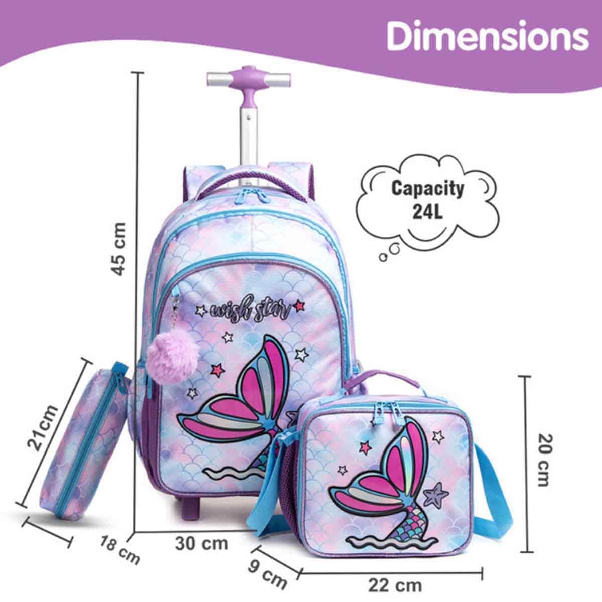 Eazy Kids 18" Mermaid 4-in-1 Trolley School Bag with Tritan 420ml Water Bottle, Lunch Bag & Pencil Case Combo