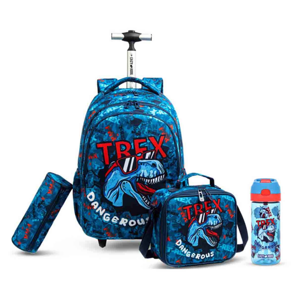 إيزي كيدز مجموعة 4 في 1 حقيبة مدرسية 18 إنش بعجلات بتصميم ديناصور تي ريكس مع زجاجة ماء تريتان 420 مل وحقيبة غداء وحقيبة أقلام
