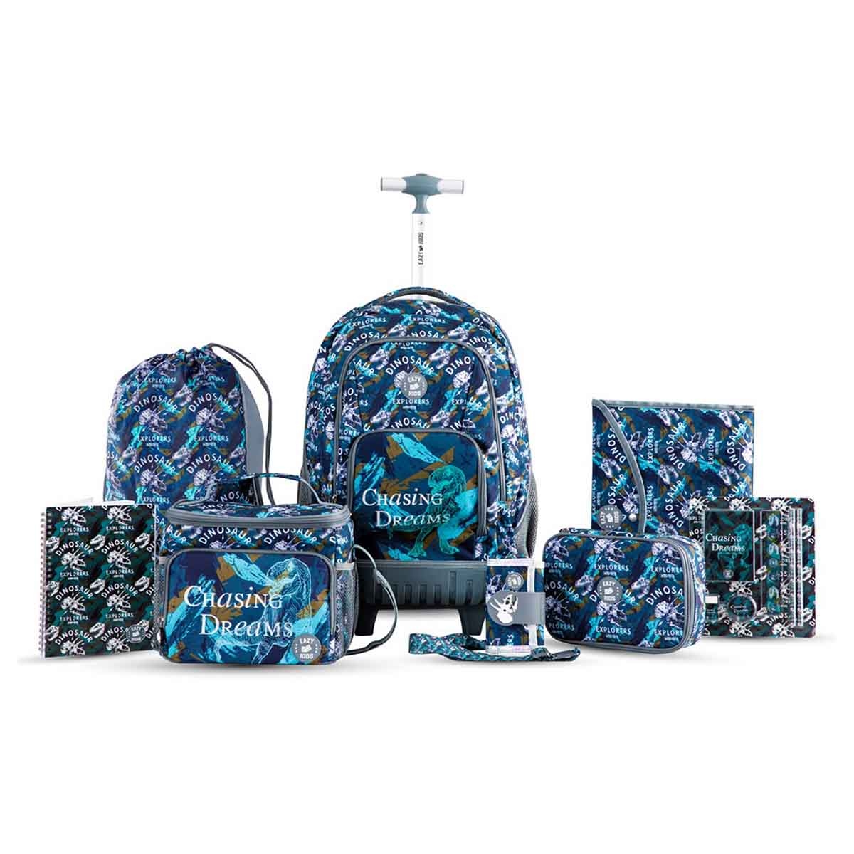 Eazy Kids 18" T-Rex 8-in-1 Trolley Backpack with Lunch Bag & Pencil Case