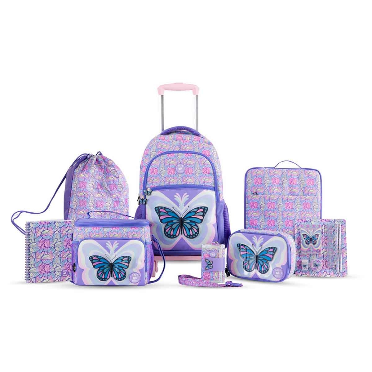 Eazy Kids 18" 3D Butterfly 9-in-1 Backpack with 4 Wheel Trolley, Lunch Bag & Pencil Case