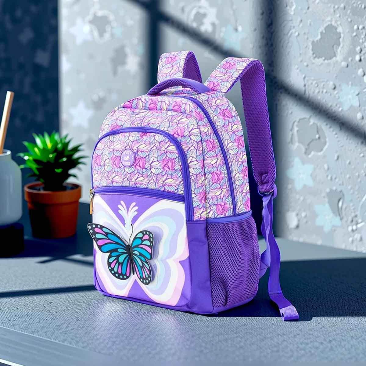 إيزي كيدز حقيبة ظهر ثلاثية الأبعاد 9 في 1 مقاس 18 إنش بتصميم باترفلاي مع عربة 4 عجلات وحقيبة غداء ومقلمة